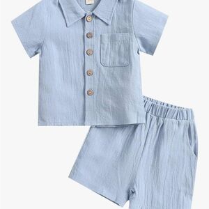 Toddler Blue Boys Clothes Button-Down Shirt Tops + Cotton Linen Shorts Outfit